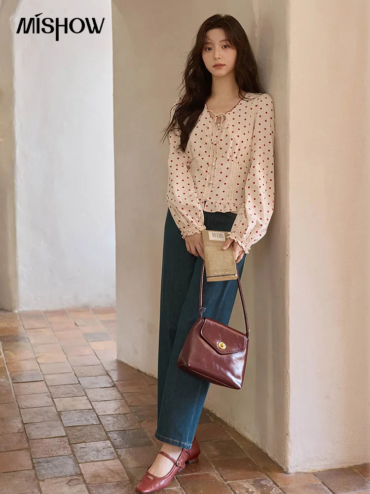 MISHOW Apricot Bottom Red Polka Dot Shirt for Women Autumn 2025 Korean Ruffled Edges Shirts V-neck Lace-up Sweet Top MXE42X1971