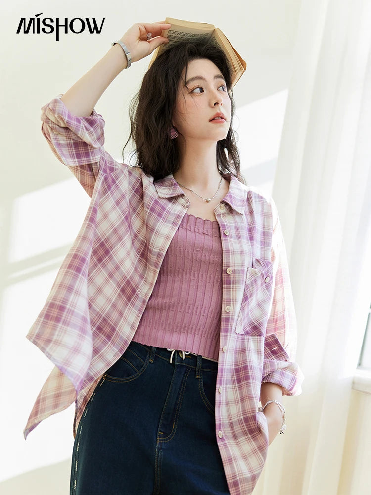 MISHOW Women's 100 Cotton Long-sleeve Purple Plaid Shirt Spring 2025 Loose Pockets Casual Shirts Korean Polo Neck Top MXE14C0417