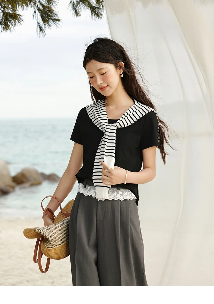 MISHOW Solid Casual T-shirts Women Summer 2025 New Square Neck Short Sleeve Shirt Female Fashion Straight Tops Woman MXE15T0483