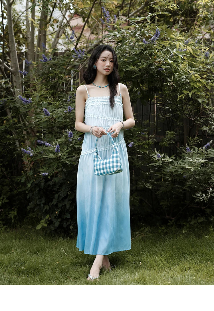 MISHOW Female Fashion Gradient Strap Dress 2025 Summer Sleeveless Black Fungal Edge Sashes Women's Vacation Dresses MXE34L2242