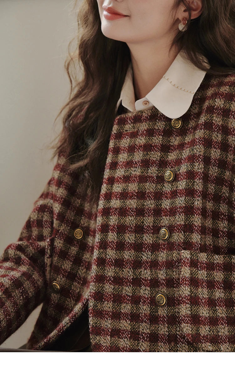 MISHOW Women's Vintage Plaid Coat 2024 Autumn French Single Breasted Crew Neck Crop Woolen Tops Office Lady Outerwear MXC48W0175