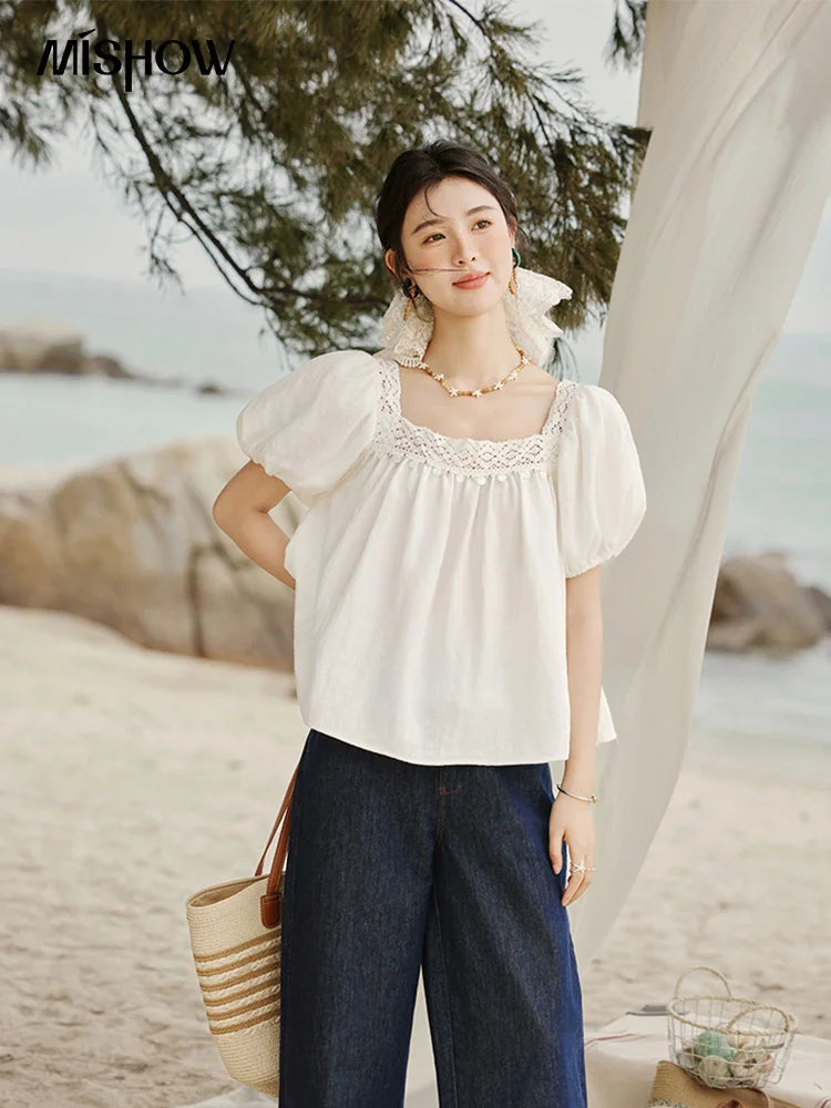 MISHOW French New Shirts Women Summer 2025 Short Puff Sleeve Square Collar Solid Splicing Lace Blouses Female Holiday MXE32X1780