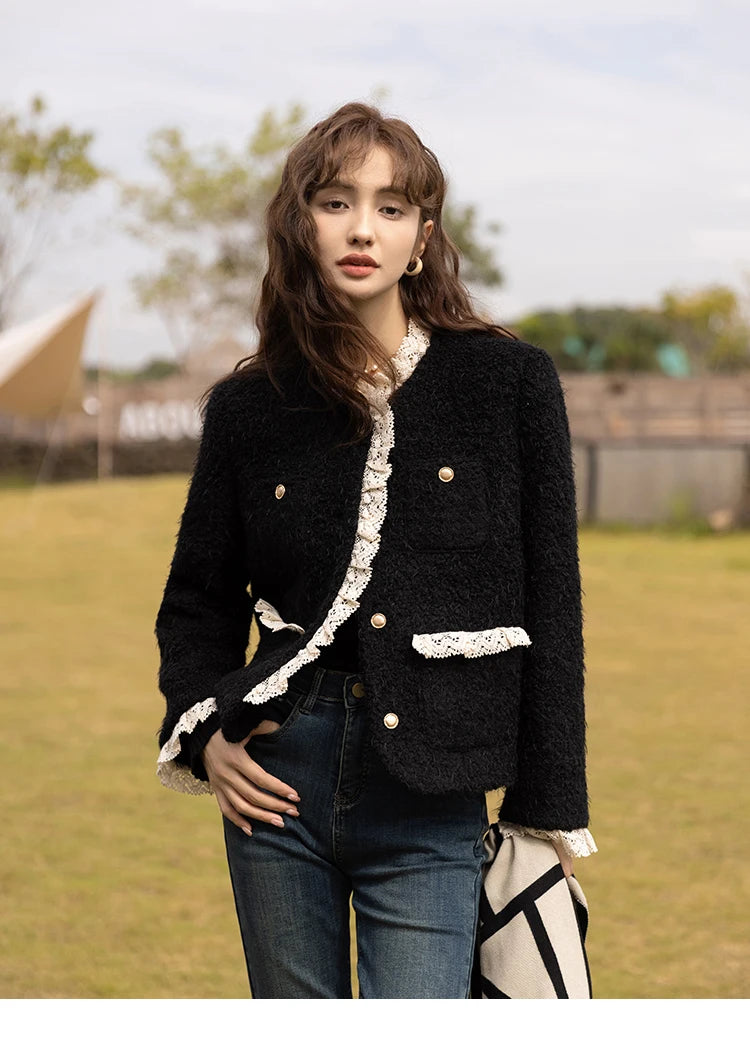 MISHOW Wool Coat for Women Winter Korean Retro Lace Splicing Lamb Wool Button Pockets Thickened Warm Female Coat MXB43W0720