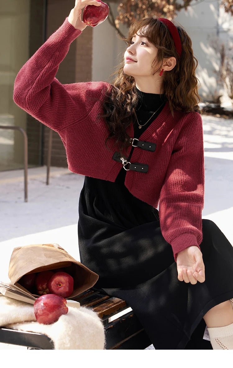 MISHOW Knitted Dress Solid Cardigan Separately Women Winter V Neck Sweater Midi A-line High Waist Dress Short Tops MXC59L1646