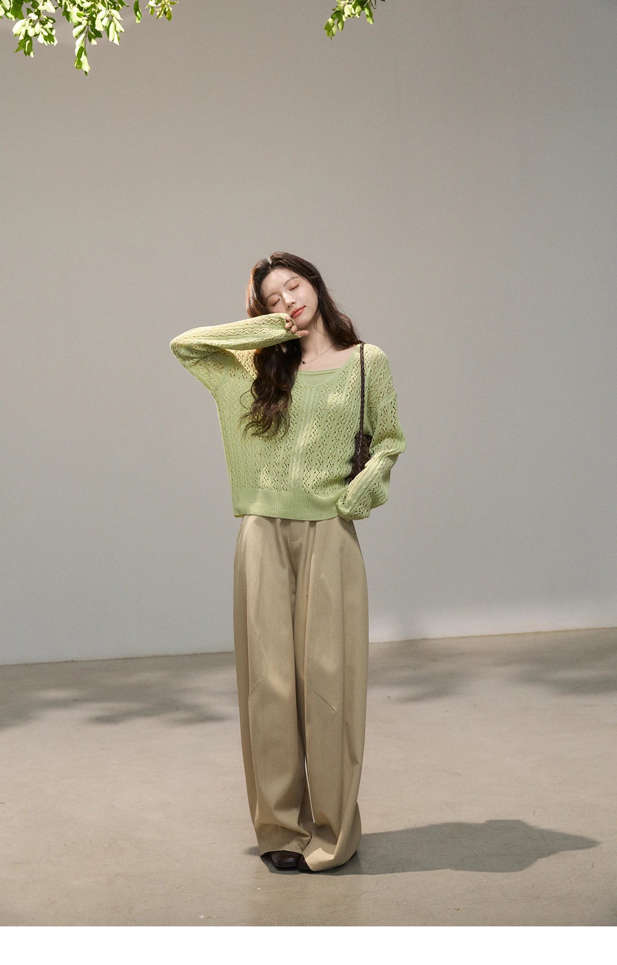 MISHOW Women's Hollow Out Cable Knit Tops with Camisole Two Piece Set Spring Loose Casual Breathable Green Sweater MXF16T1524