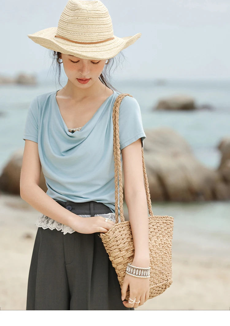 MISHOW Casual Summer Shirts Women 2025 Fashion Short Sleeve Swing Collar Solid T-shirt Female Slim Shell Ribbon Tops MXE33T0524