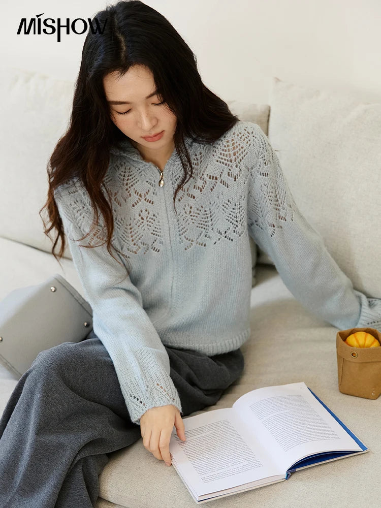 MISHOW Women's Autumn Cardigan 2025 New Loose Blue Hollow Knitted Cardigan Commute Hooded Short Zipper Sweater MXE46Z2584