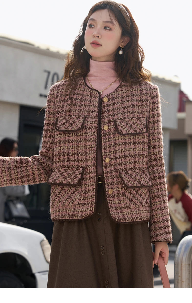 MISHOW Tweed Jacket for Women Luxury 2025 Winter Wool Blend Thick Coat High Quality Fashion Crew Neck Outerwear Top MXC57Y0021