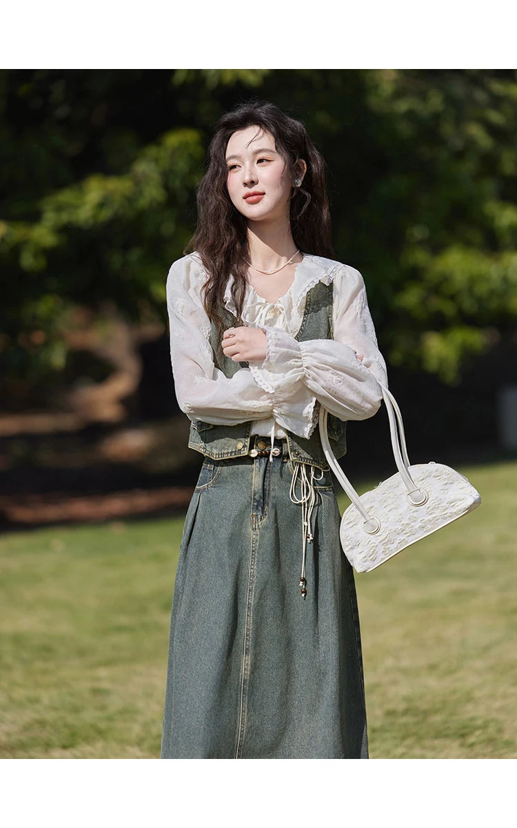 MISHOW Denim Vest Coat Midi Skirt Separately for Women Spring 2025 Korean Retro Washed Cotton Coat Slim A-line Skirt MXE13W0731