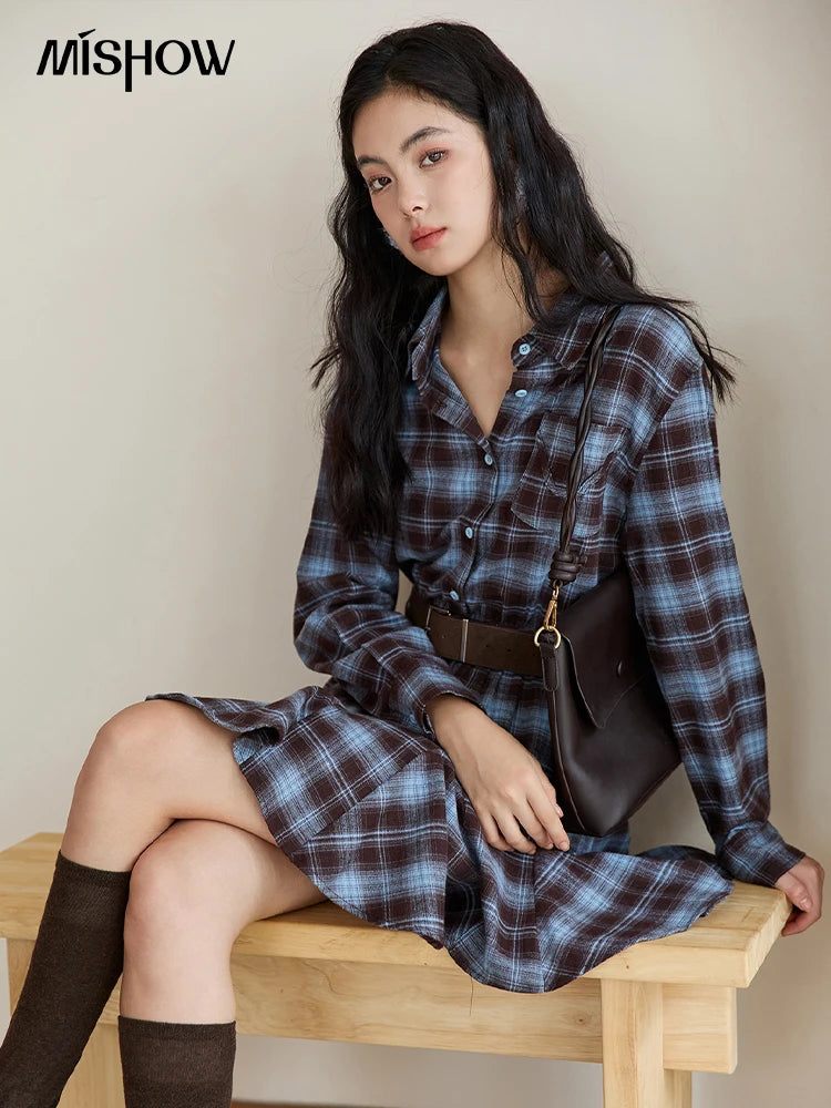 MISHOW Women's Blue Plaid Short Dress 2025 Autumn Retro Turn-down Collar Waist-Cinched Long Sleeve Dress with Belt MXE48L2525