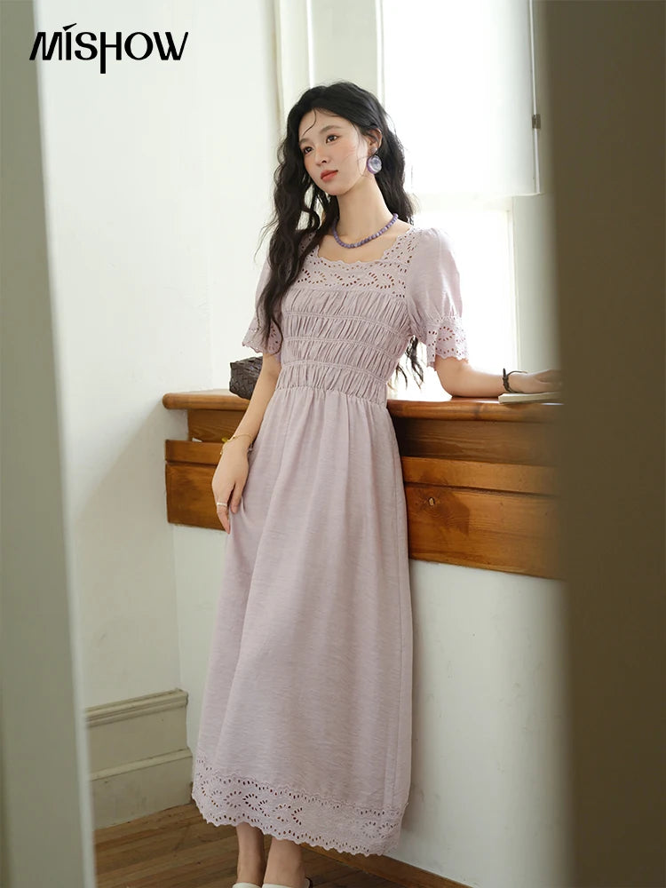 MISHOW Puff Sleeve Dress for Women 2025 Summer New Square Neck Fashion Lace Hollow Purple Dresses Female Clothing MXE39L2406