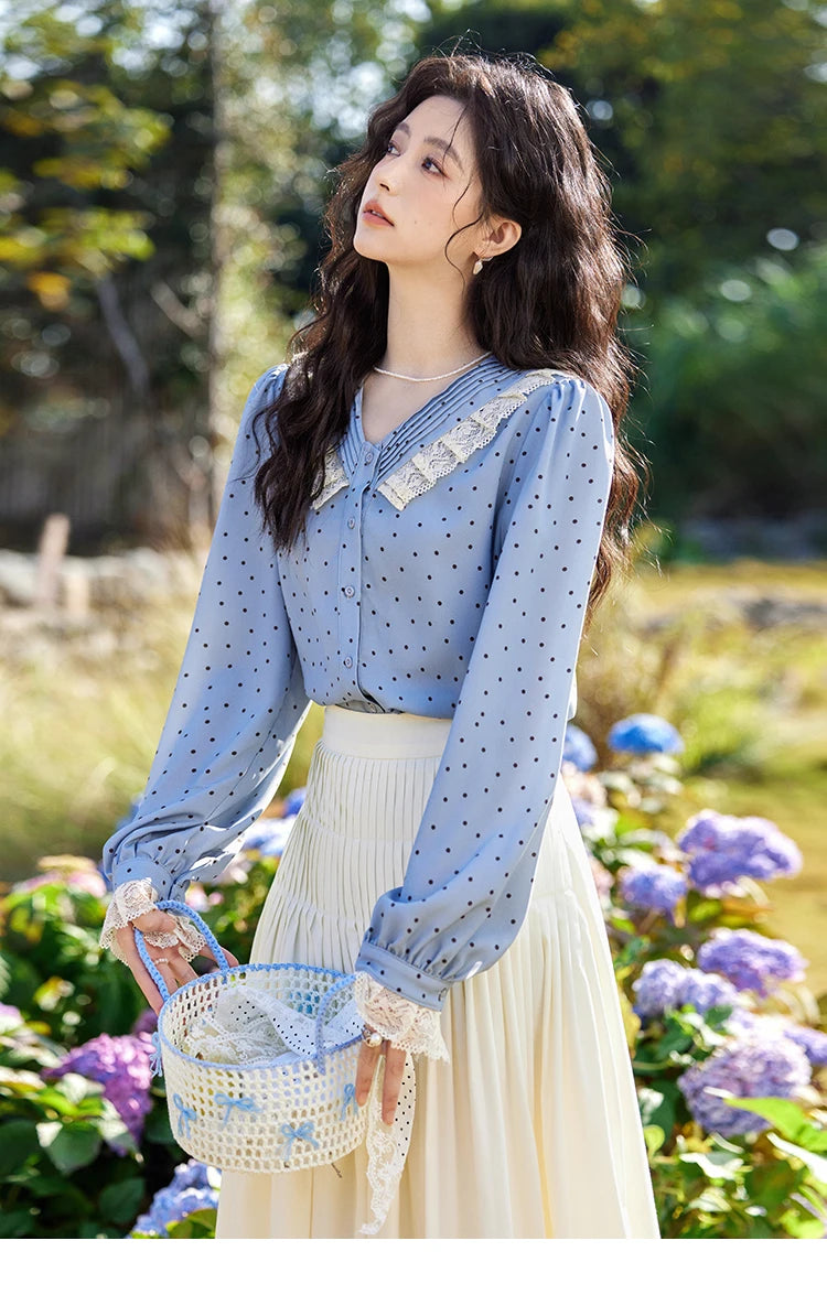 MISHOW Lace Patchwork Polka Dot Shirt for Women Spring 2025 French V-neck Shirt Cuff Splic with Hollowed Out Lace Top MXE12X1707