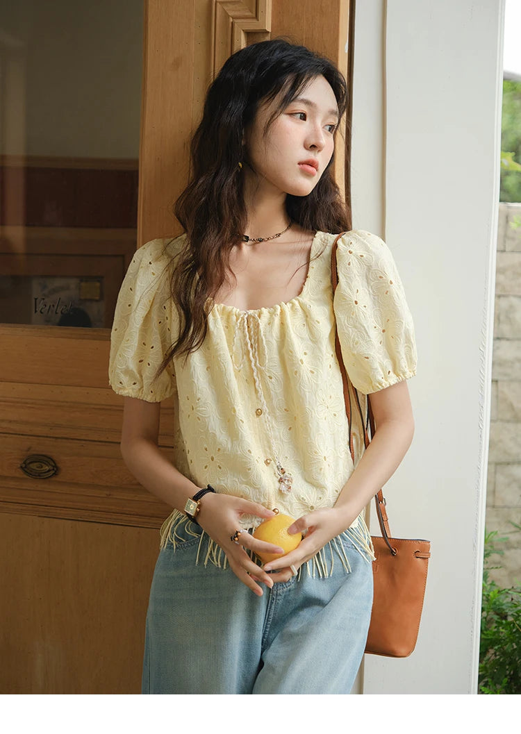 MISHOW Women's Fashion Hollow Out Blouse Summer 2025 Embroidery Puff Sleeve Square Collar Tassel Ladies Casual Top MXE37X1851