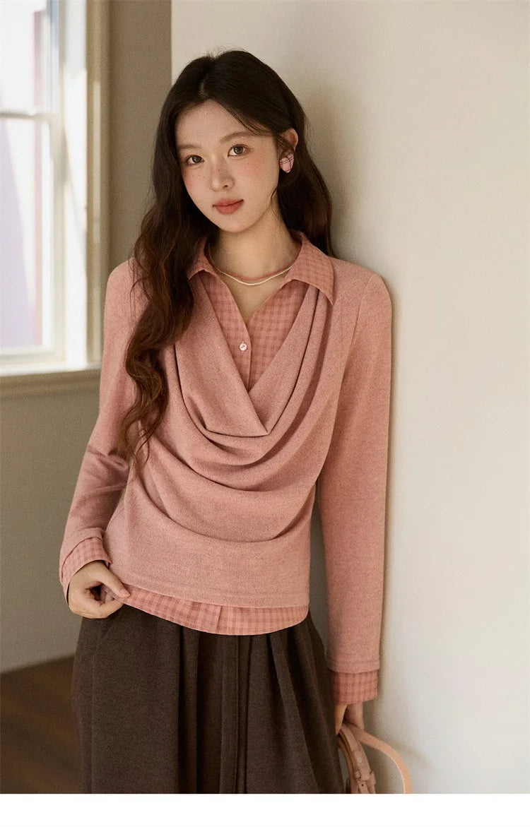 MISHOW Women Knit Top 2025 Winter Faux Two-piece Pullovers Retro Plaid Patchwork Draped Collar Luxury Design Pink Top MXE87Z2747