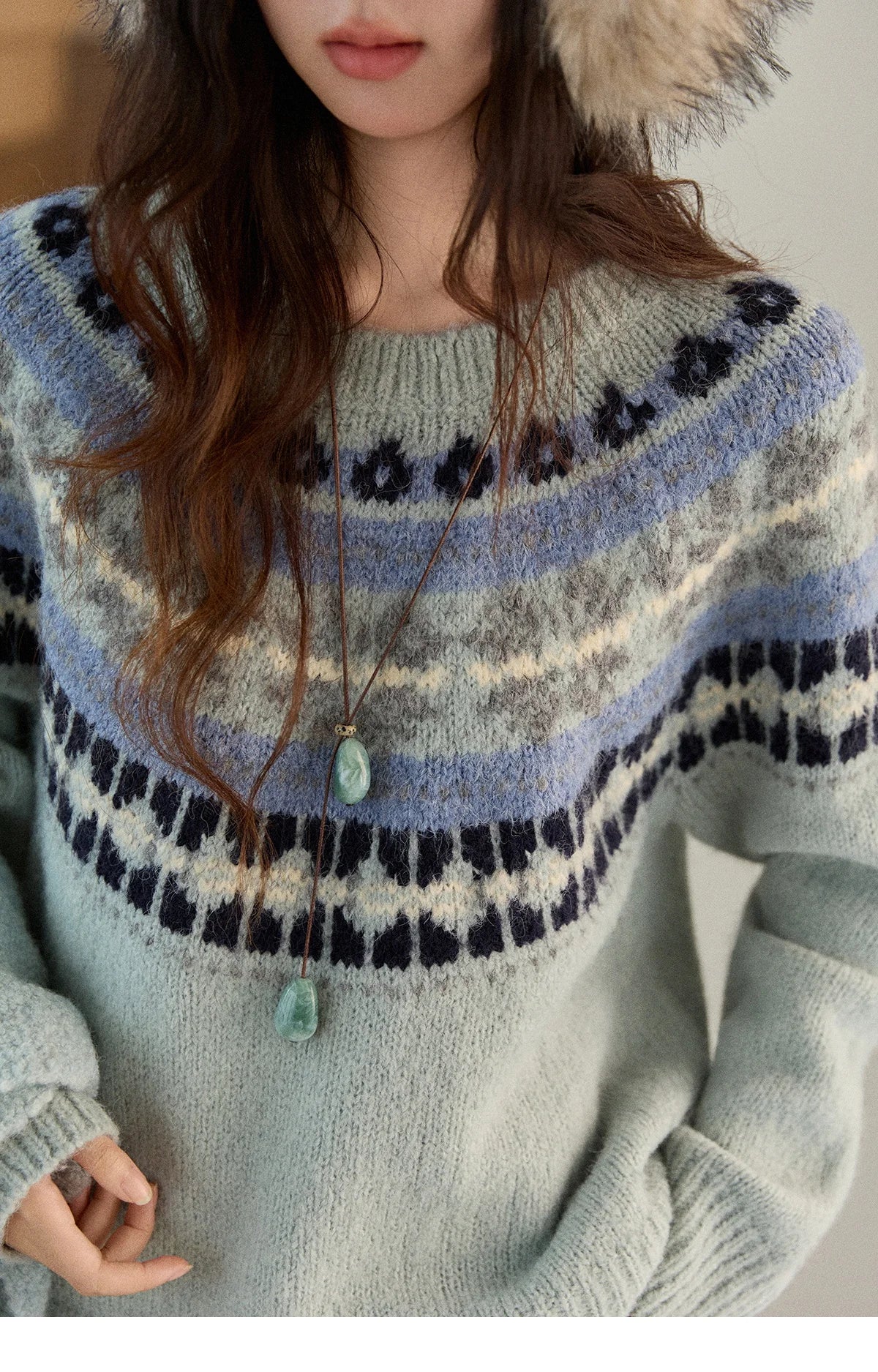 MISHOW Women's Blue Fair Isle Sweater 2025 Winter Geometric Jacquard Loose Retro Wool Blend Knit Pullovers Sweaters MXE87Z2767