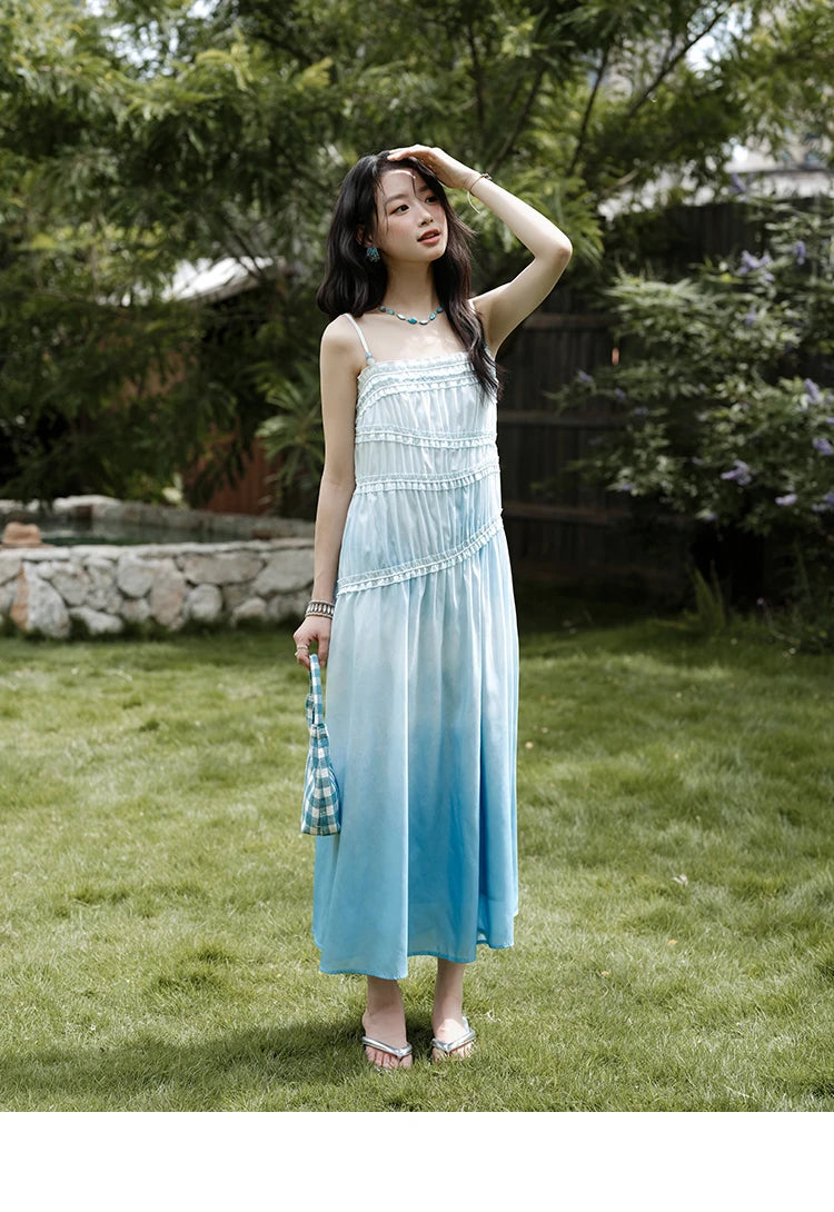 MISHOW Female Fashion Gradient Strap Dress 2025 Summer Sleeveless Black Fungal Edge Sashes Women's Vacation Dresses MXE34L2242