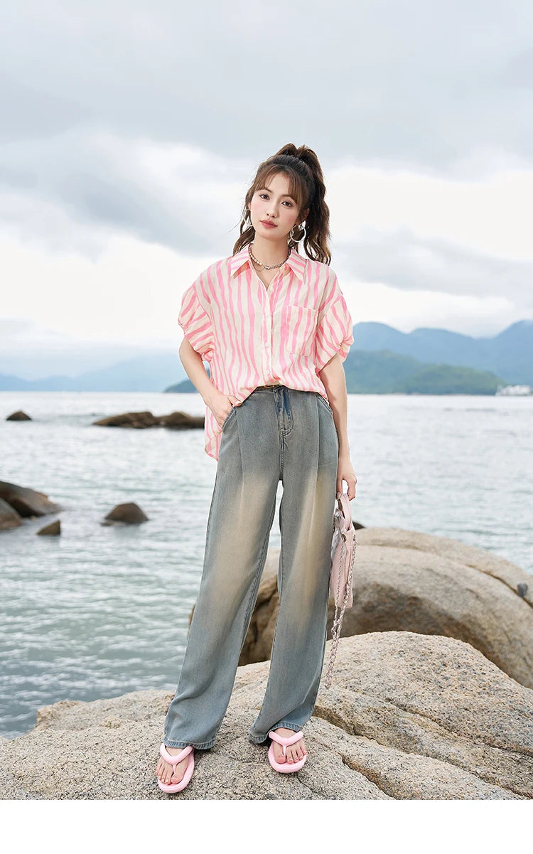 MISHOW Women's Striped Shirt 2023 Summer Korean Loose Puff Sleeve Polo Neck Pocket Casual Tops STRAIGHT Office Lady MXC38C0072