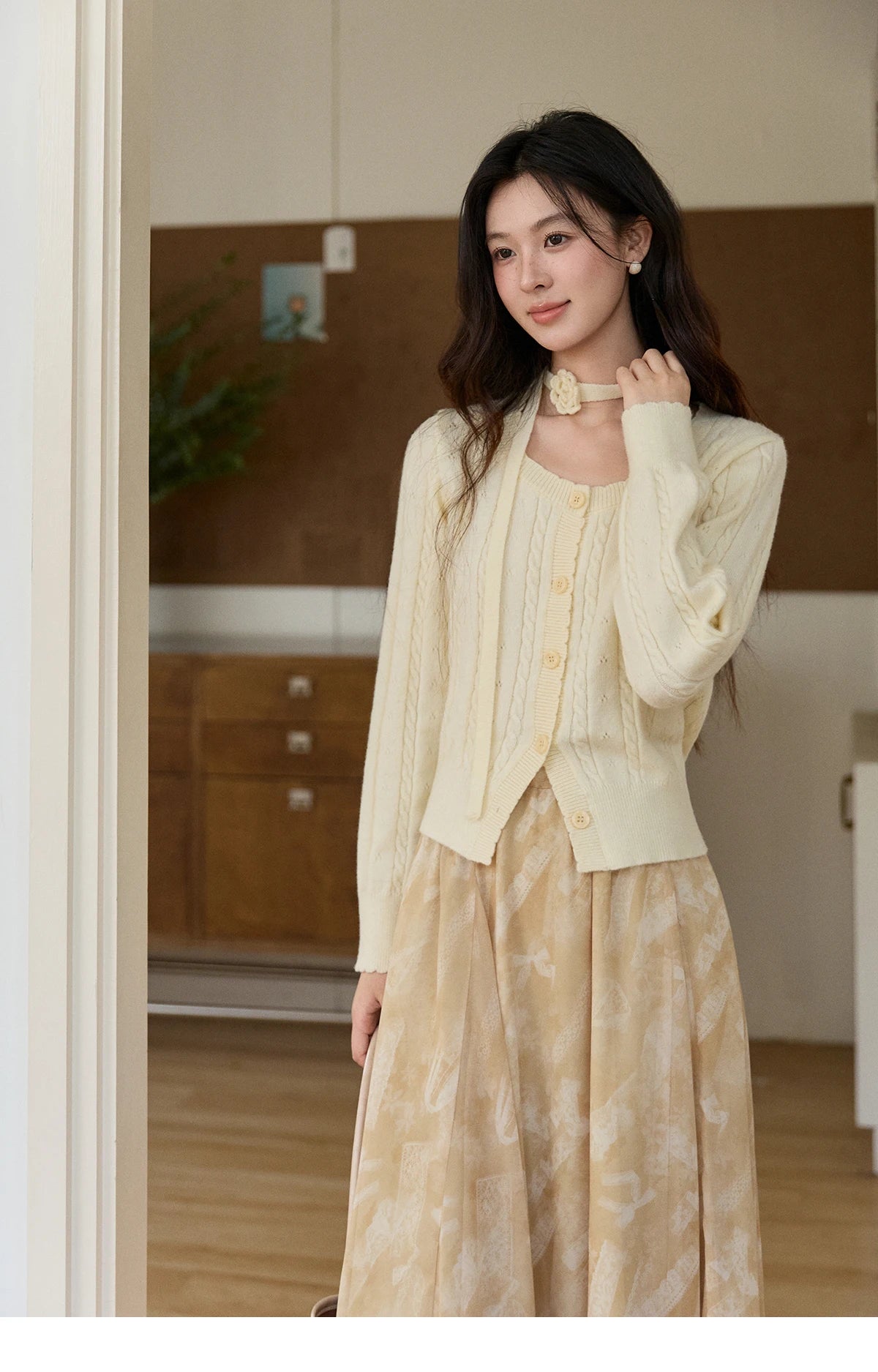 MISHOW Women's Beige Cable Knit Cardigan 2026 Spring Square Neck Long Sleeve Slim Casual Knitwear with Flower Ribbon MXF11Z2903