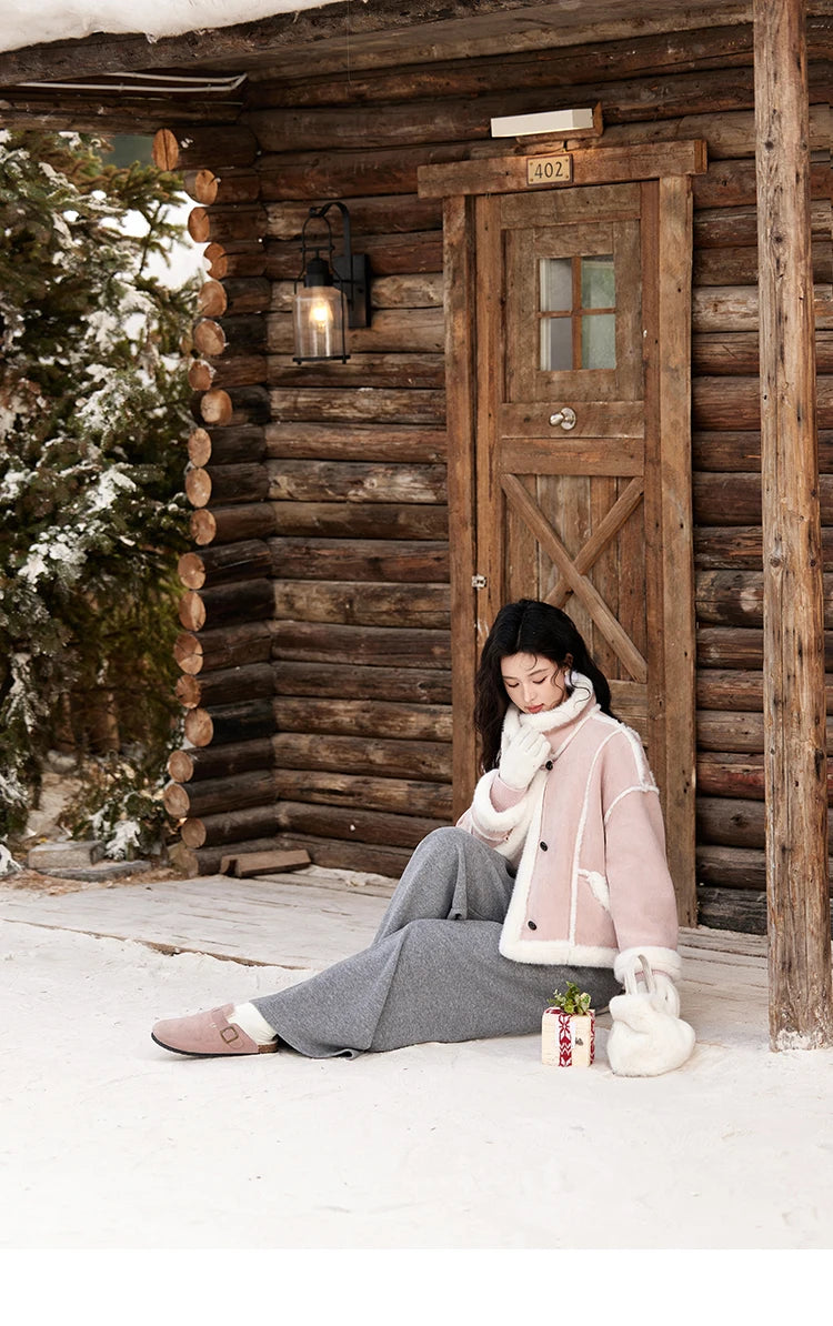 MISHOW Leather Fur Coat Fur Collar with Bag Women Winter Clothes Suede Plush Jacket Pocket Soft Thickened Warm Tops MXD57W0737