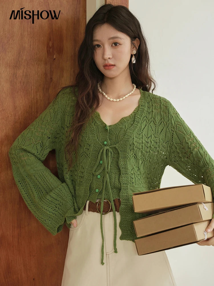 MISHOW Women's Wool Knitted Suit Autumn 2025 Flared Sleeves Lace-up Cardigan Single-breasted Camisole Two-piece Set MXE42T0717