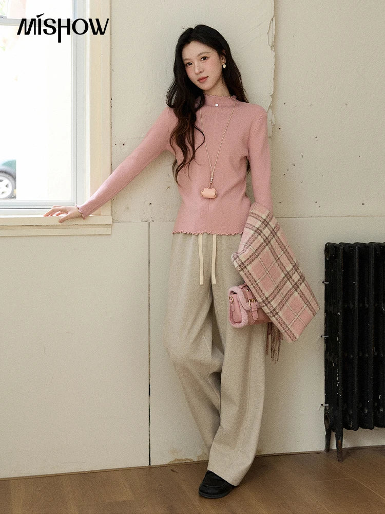 MISHOW Women's Knitted Long-Sleeved Top 2025 Winter Solid Slim Fit Ruffled Turtleneck Sweater Warm Soft Commuting Top MXE91Z2826