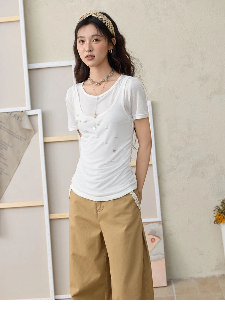 MISHOW White Fake Two Piece Bead Embroidered T-shirt for Women 2025 100 Cotton Tees Round Neck Knitted Breathable Top MXE35T0566