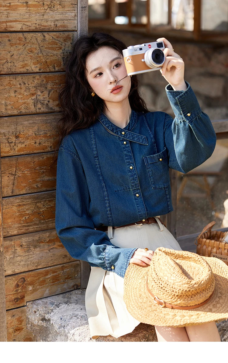 MISHOW 100 Cotton Denim Shirt French Retro Long Sleeved Shirt for Women 2025 Spring Loose Fit O Neck Casual Shirt Top MXE12C0384