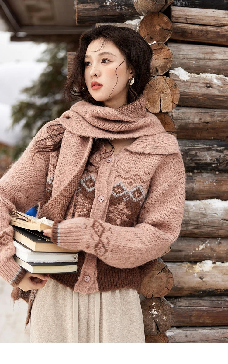 MISHOW Fair Isle Knitting Sweater Christmas Retro Cardigan Women Temperament Turn Down Collar Soft Warm Knitted Coat MXD58Z1036