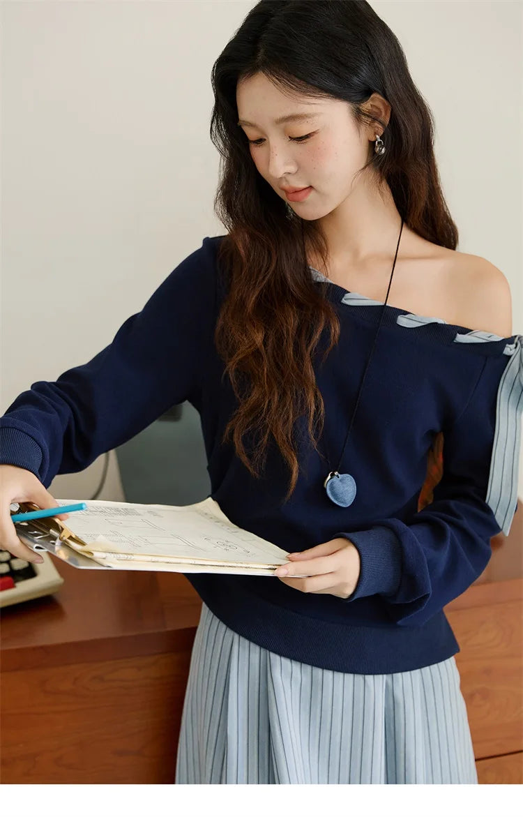 MISHOW Woman Striped Dress 2025 Autumn Blue Navy Slash Neck Contrast Lace Long-sleeved Dress Sexy Clothes for Women MXE45L2516