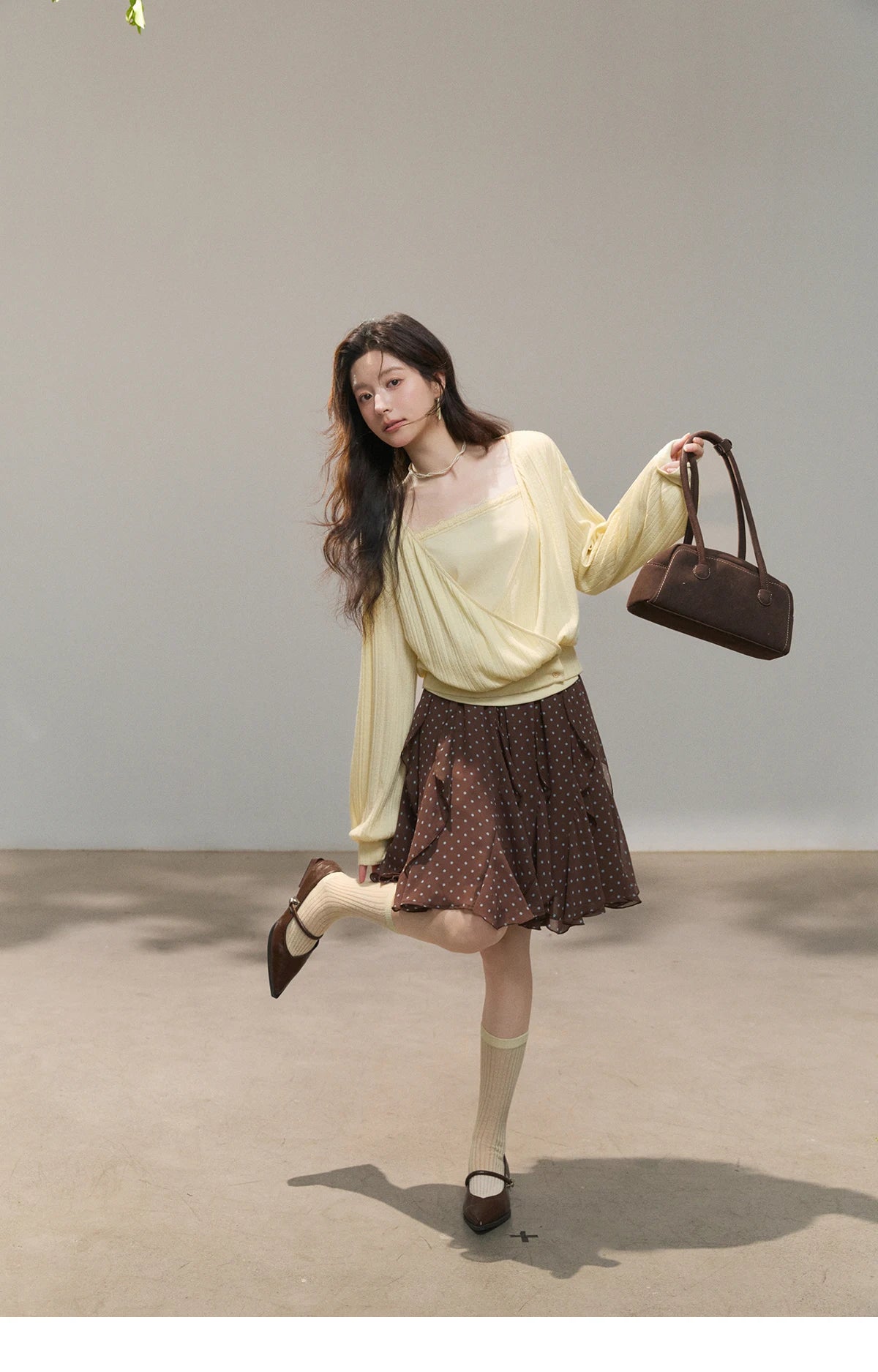 MISHOW Women's Lemon Yellow Two-Piece Set Spring Knitted Lantern Sleeve Pullover Tops Strap Lace Edge Camisole Set MXF13T1513