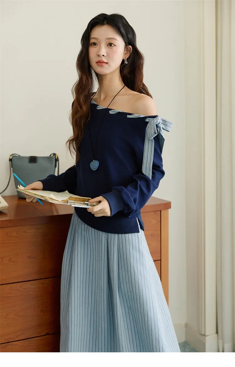 MISHOW Woman Striped Dress 2025 Autumn Blue Navy Slash Neck Contrast Lace Long-sleeved Dress Sexy Clothes for Women MXE45L2516