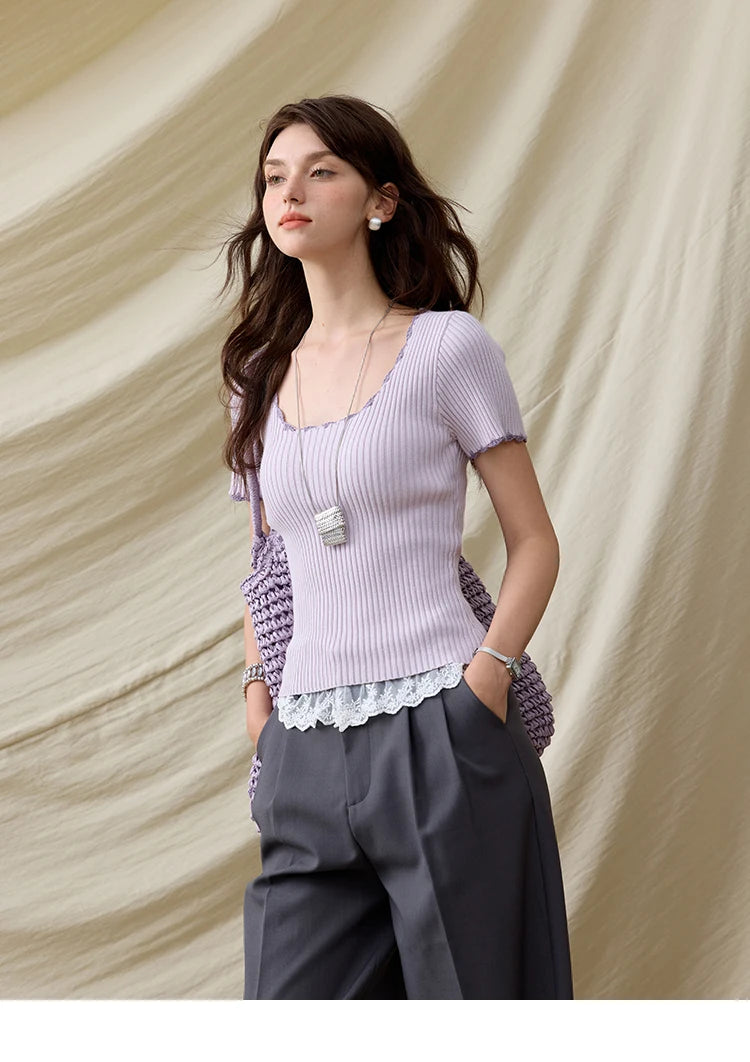 MISHOW Office Lady Summer Sweater Women 2025 New Solid Short Sleeve Lace Collar Contrast Color Hook Design Tops Slim MXE33Z1218