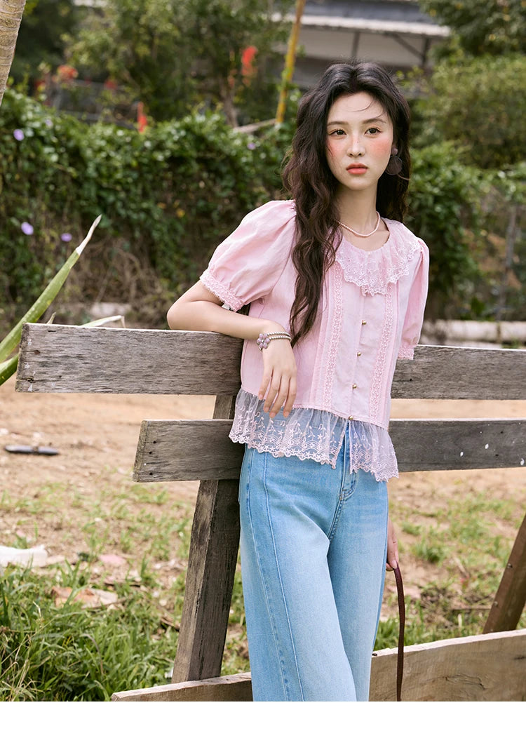 MISHOW Women's Pink Spliced Lace Round Neck Blouses 2025 Summer Lace Hem Sweet Blouse Single Row Metal Buttons Top MXE32X1768