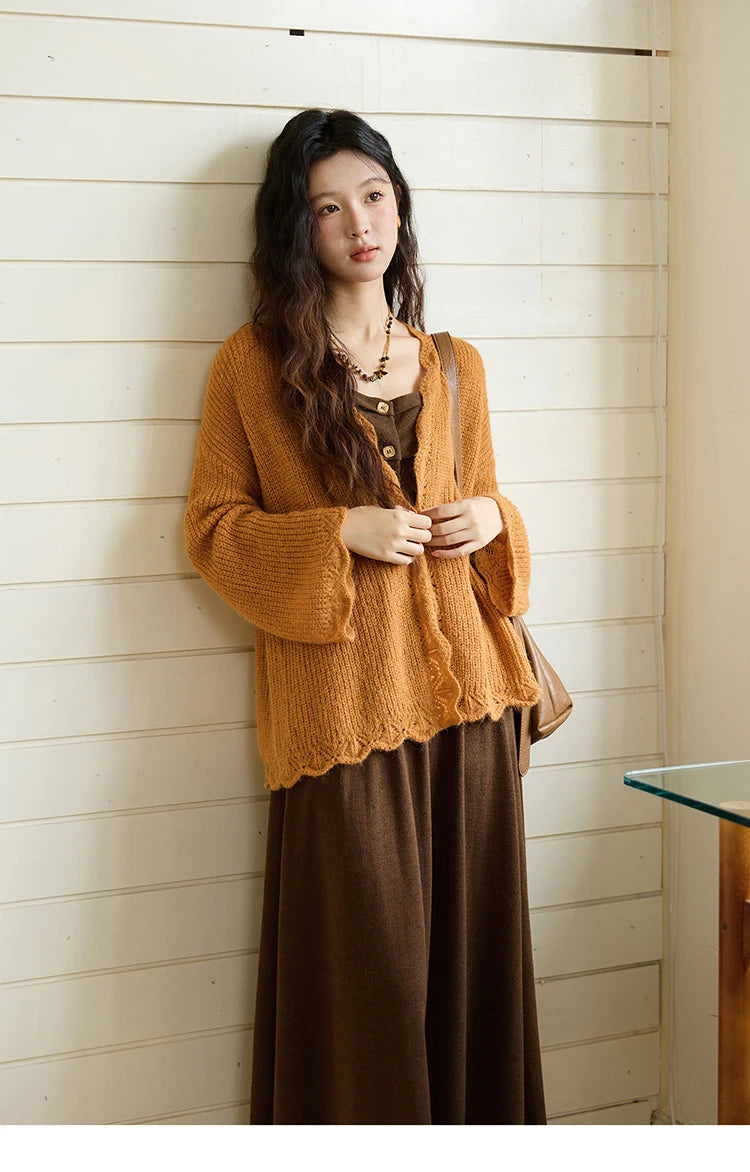 MISHOW Pumpkin Knitted Cardigan for Women Autumn 2025 Loose Wavy Edge Sweater Hollow Out Dropped Sleeves Cardigans MXE46Z2505