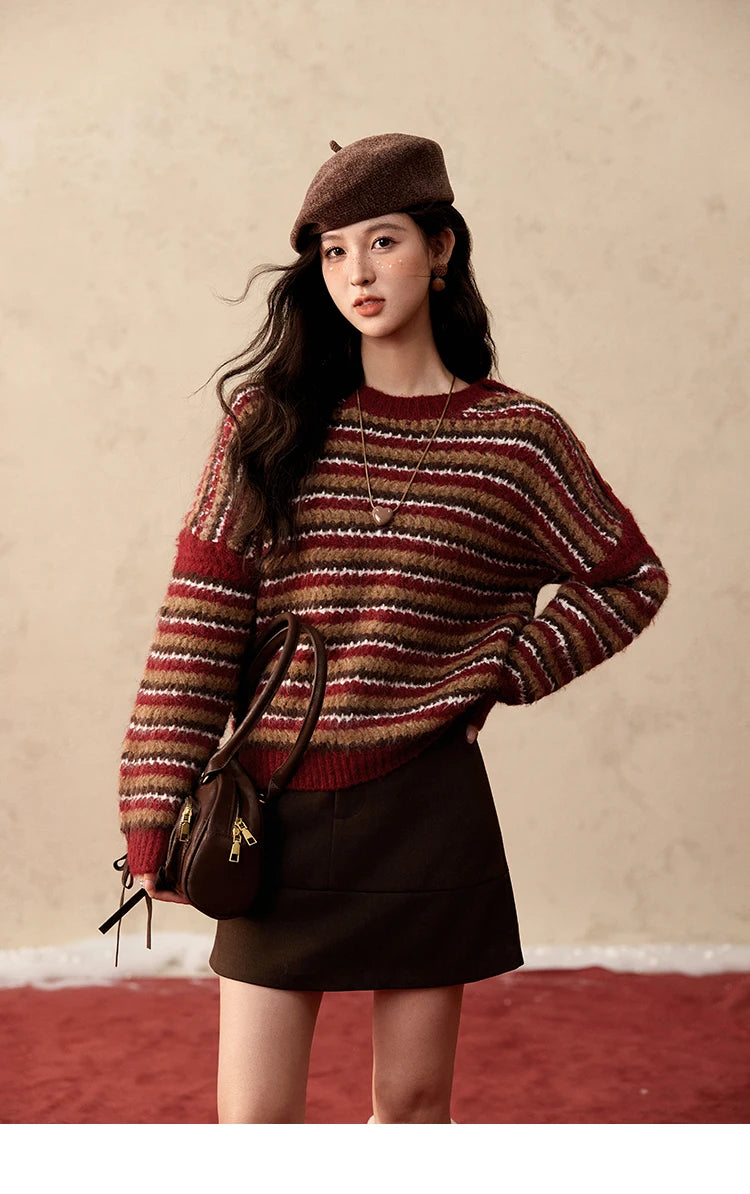 MISHOW Christmas Retro Striped Wool Blend Sweater Women Button Decoration Women Clothing Thick O-Neck Knitted Tops MXD59Z1060