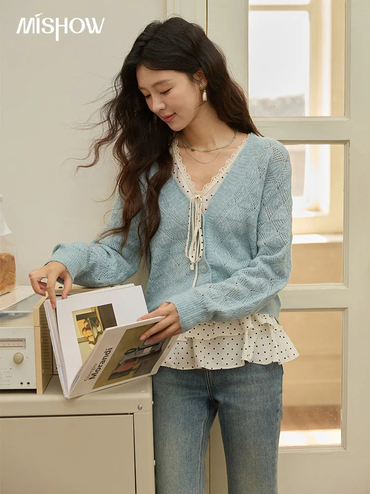 MISHOW Women's Blue Argyle Knitted Cardigan 2025 Autumn V Neck Drop Dropped Sleeve Cardigan Hollow Out Wool Blend Top MXE41Z1313
