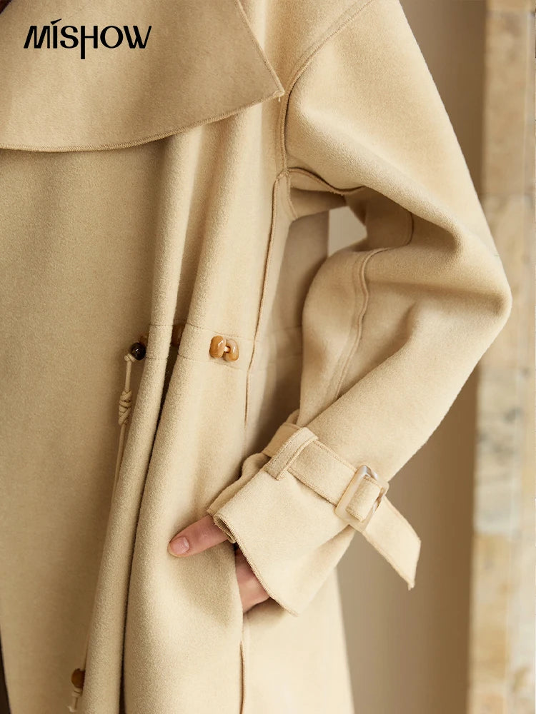 MISHOW Woolen Coat for Women 2025 Autumn Winter New Style Drawstring Waist Large Lapel Mid-length Commuter Loose Coat MXE45W0841