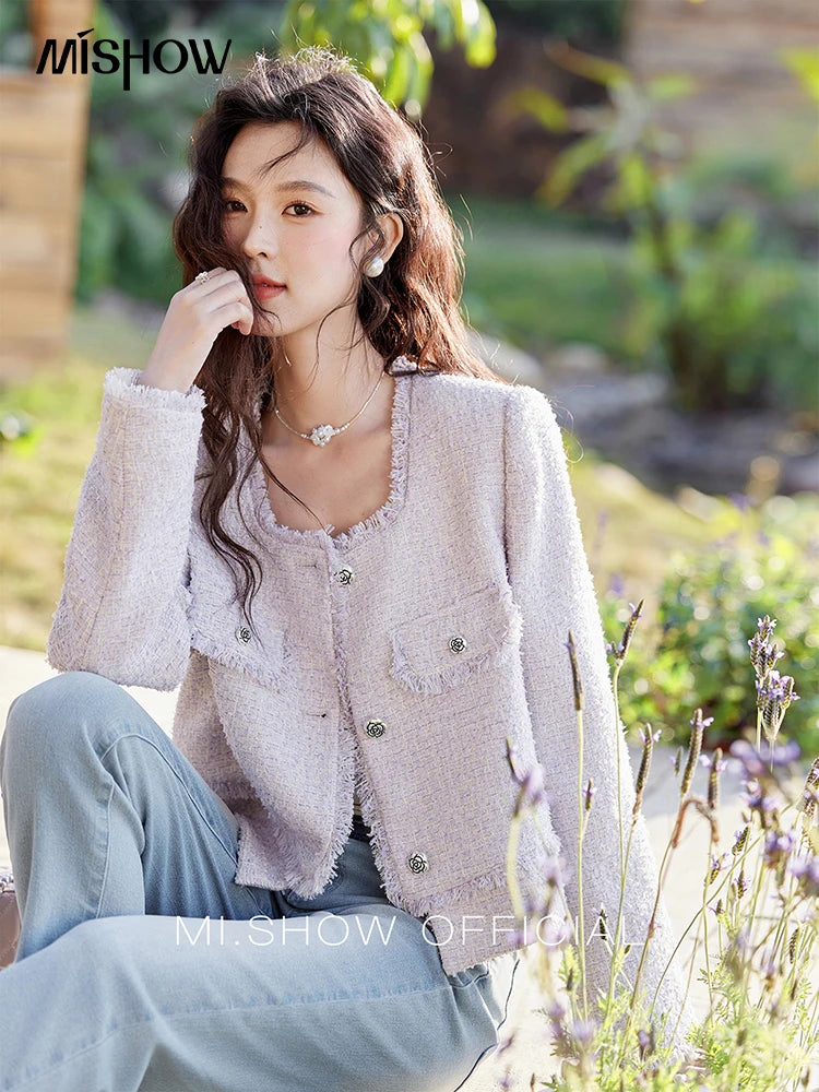 MISHOW Tassel Fragrant Coat for Women 2025 Spring Rose Buckle Weave Short Coats Elegant Square Neck Straight Coats MXE13W0733