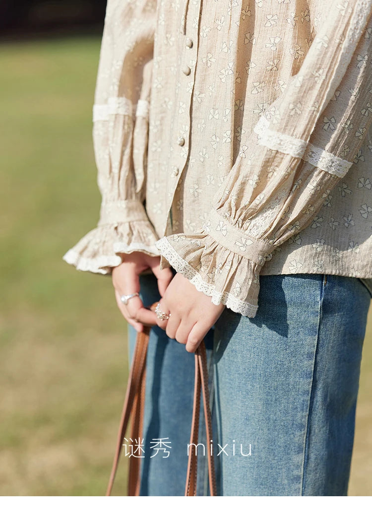 MISHOW Women's Floral Round Neck Shirts 2025 Spring Ruffled Collar Commuting Top Sweet Petal Sleeve Lace-up Shirts MXE14X1729