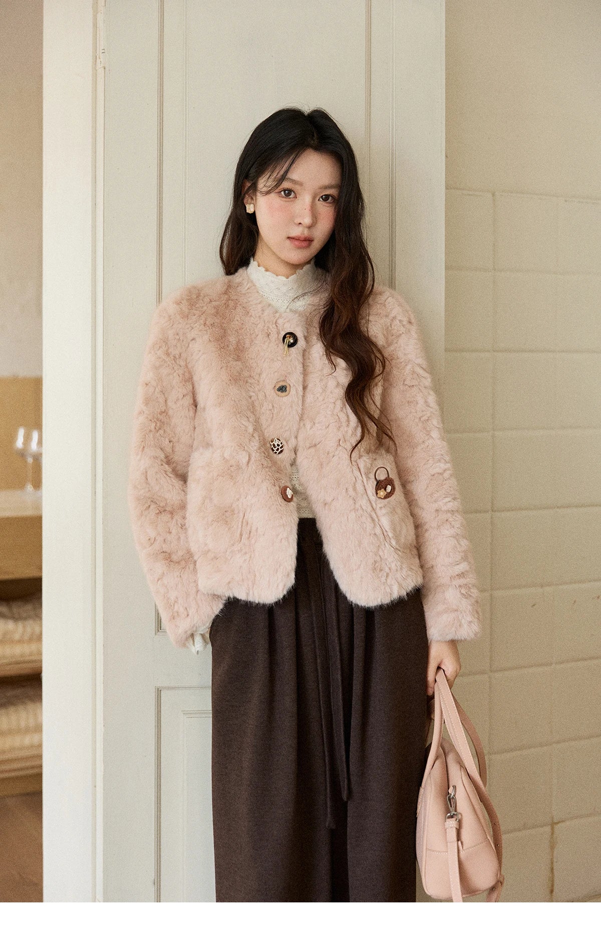 MISHOW Women's Winter Jacket 2025 Sweet Pink Faux Rabbit Fur Coat with Pockets Handcrafted Vintage Buttons Outerwear MXE87W0990