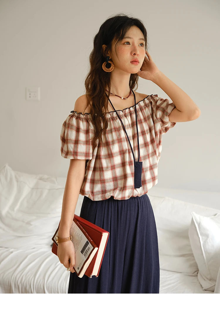 MISHOW Two Piece Set for Women Retro Red Grid Puff Sleeve Top+Casual Elastic Waist Wide Leg Pants Set 2025 Summer New MXE37T0649