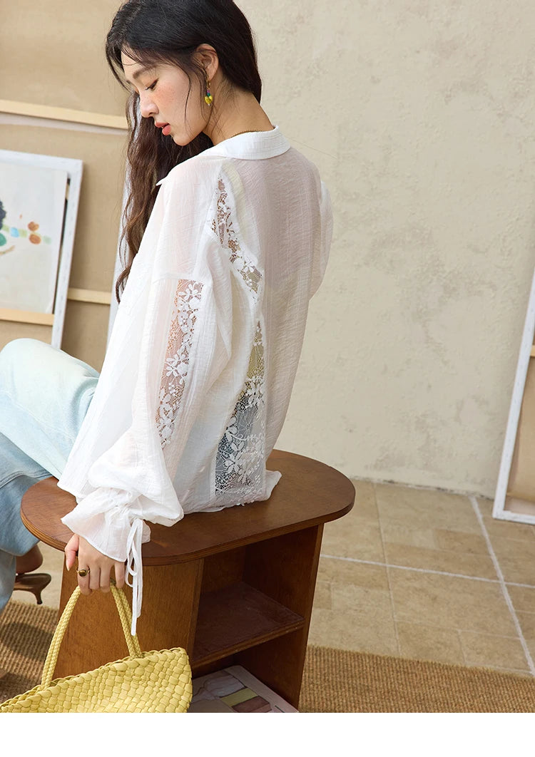 MISHOW Blend Patchwork Lace Cool Shirt Female Autumn 2025 Korean Loose Lapel Drop Sleeve Shirts Drawstring Cuffs Top MXE31C0789