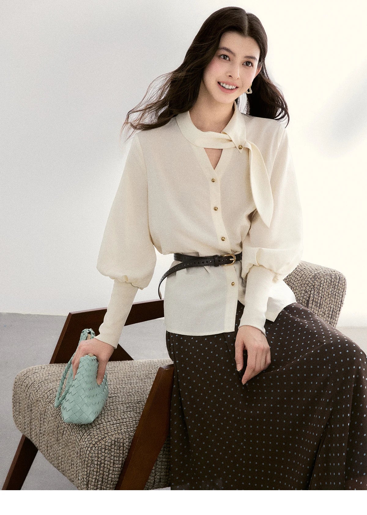 MISHOW Women's Tie Neck Shirts Spring Hollow-out Knitted Patchwork Puff Sleeve Tops Casual Elegant Shirt Office Lady MXF108C0812