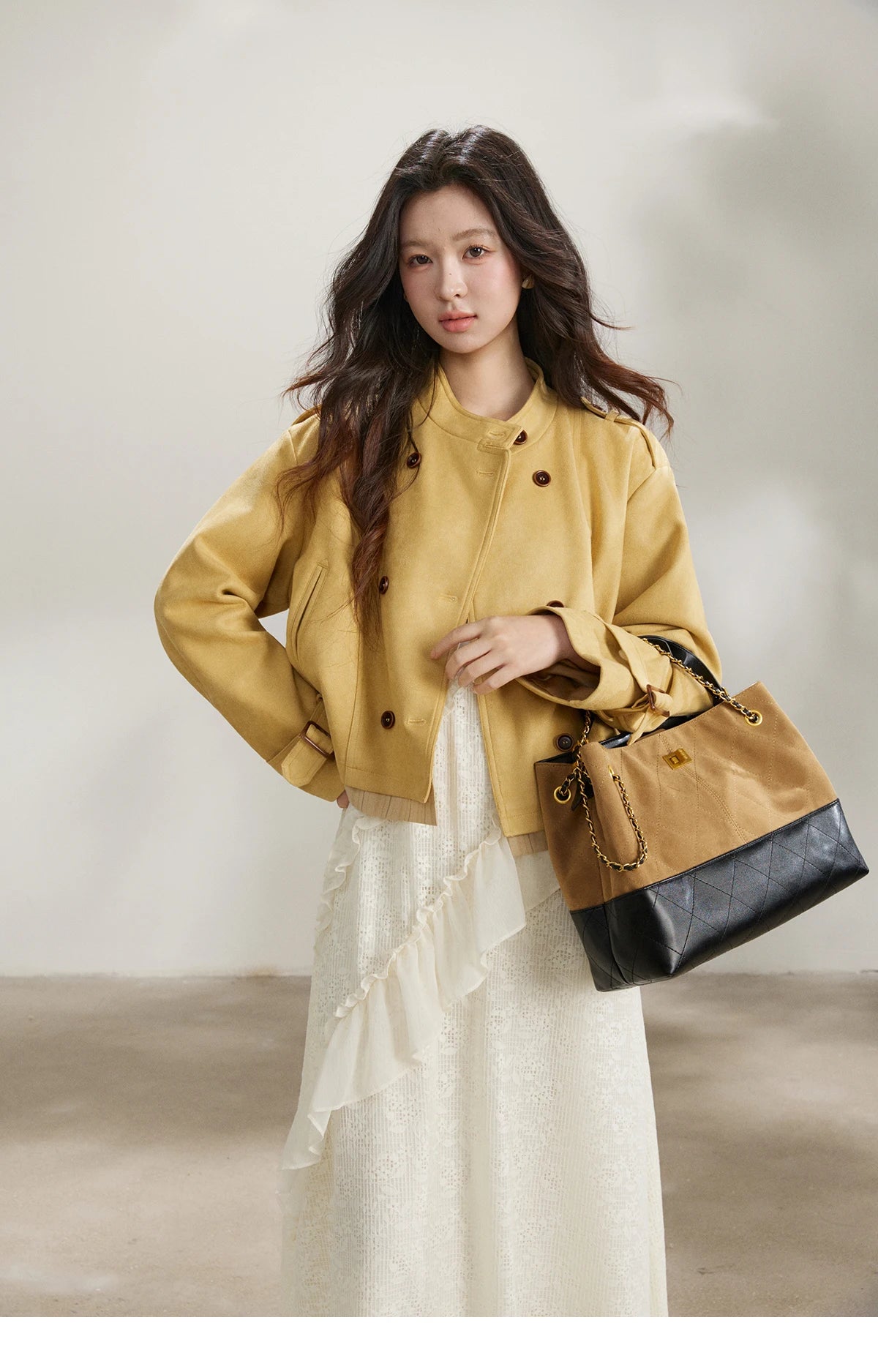 MISHOW Women's Yellow Double-Breasted Trench Stand Collar Coat Adjustable Cuffs Splicing Striped Hem Casual Outerwear MXF11W1026