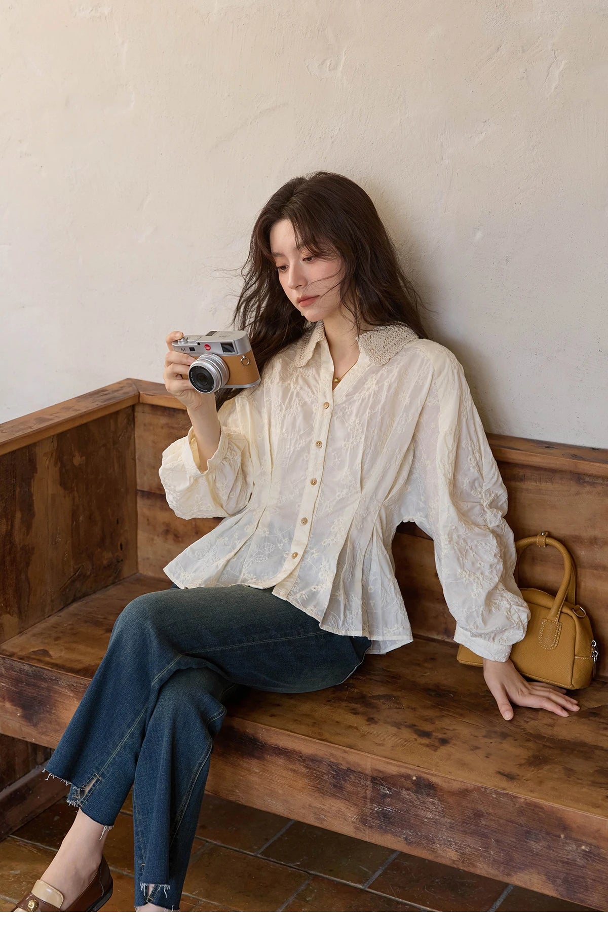 MISHOW Women's Lantern Sleeve Blouse 2025 Autumn French Lace Hollow Out Lapel Collar Shirts Waist Hem Ruffle Tops MXE42C2372