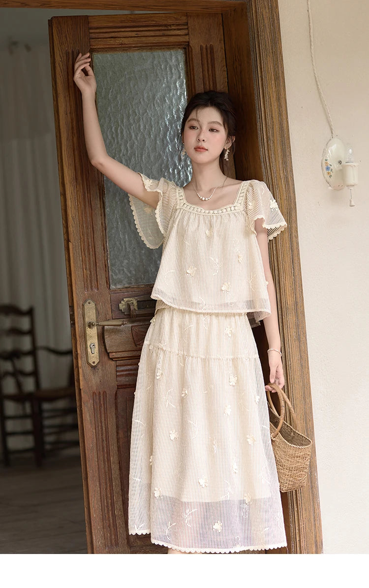 MISHOW Elegant Butterfly Flying Sleeve Blouses Elastic Waist Skirt Separately Summer Back Lace-up Top Midi Skirts MXD29X1559