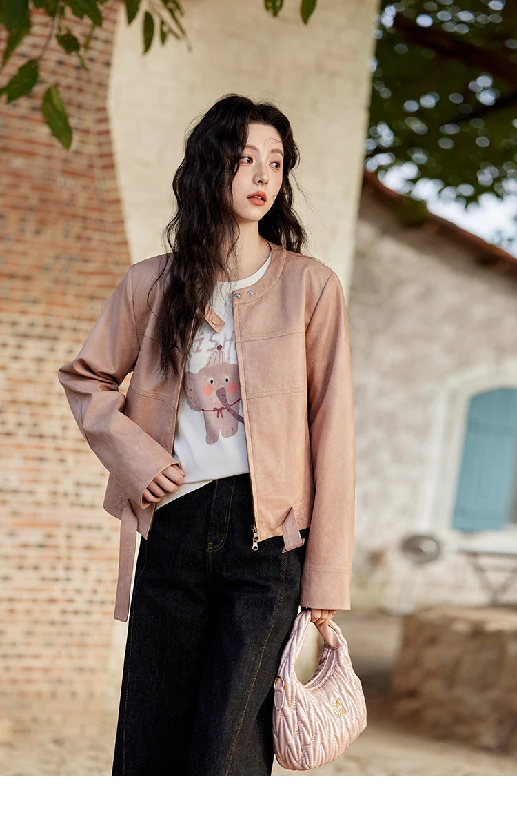 MISHOW Fashion Pink Leather Jacket Women's Spring 2025 New Shoulder Long Sleeved Slim Fit Leisure Tops Coat Female MXE11W0714