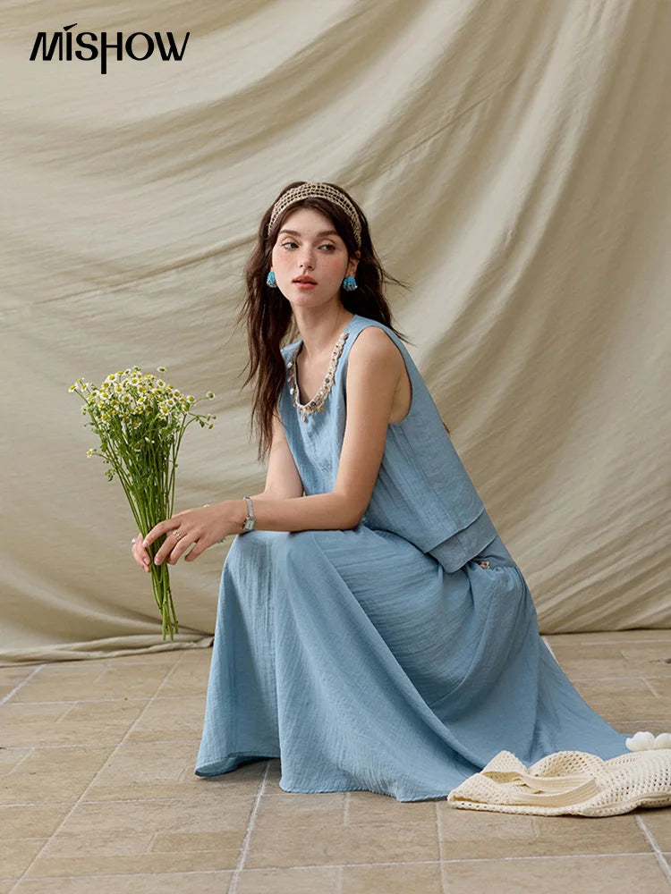 MISHOW Office Lady Summer Vest Skirt Sets Women 2025 Sheel Ribbon Solid Round Neck Tops Loose High Waist Skirt Female MXE32T0556