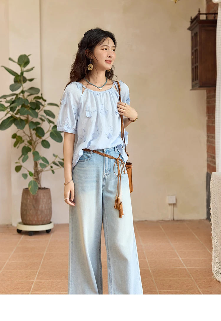 MISHOW Women's Butterfly Embroidery Blouse 2025 Summer New Fashion Hollow Out O-Neck Casual Top Female Clothing MXE36X1878