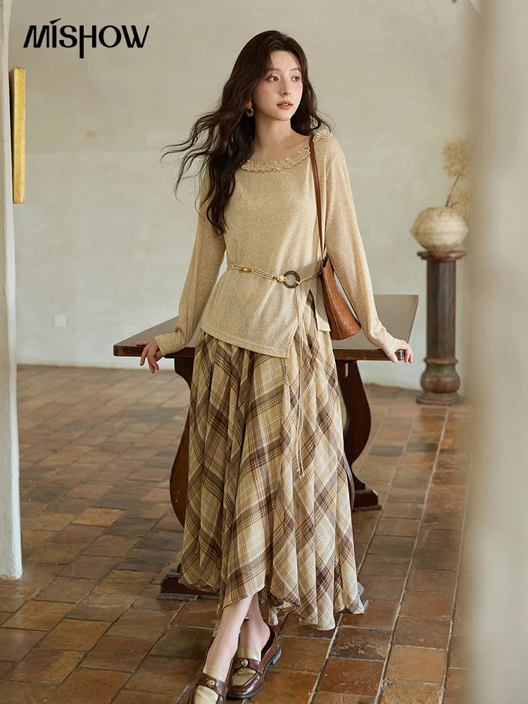 Mishow Apricot Ramie Knit Bohemian Belt Top MXE42Z1324